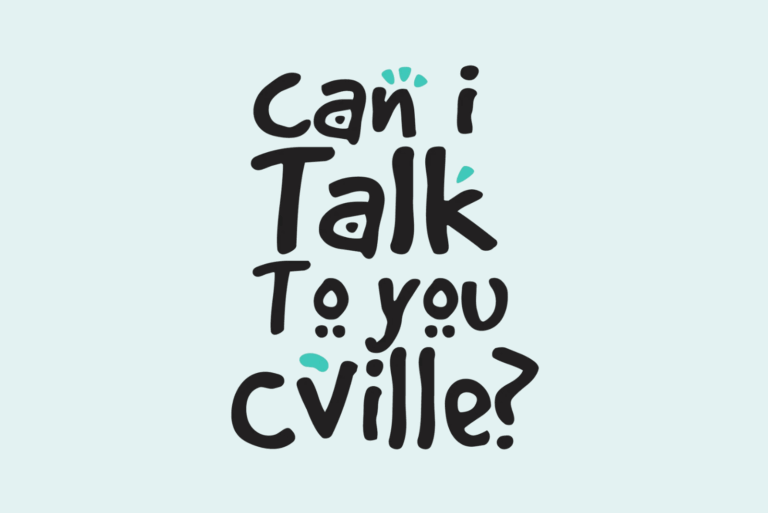 A logo that says "Can I Talk to you CVille?" on a light blue background