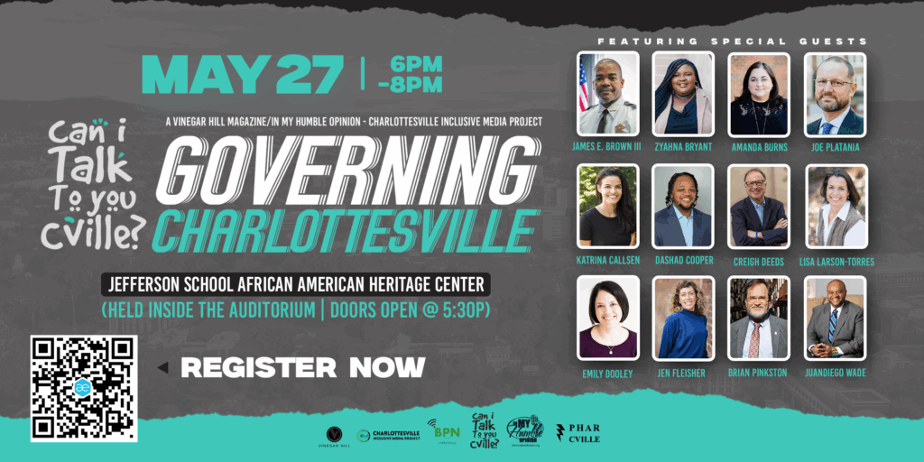 A flier with headshots and the headline 'Governing Charlottesville'