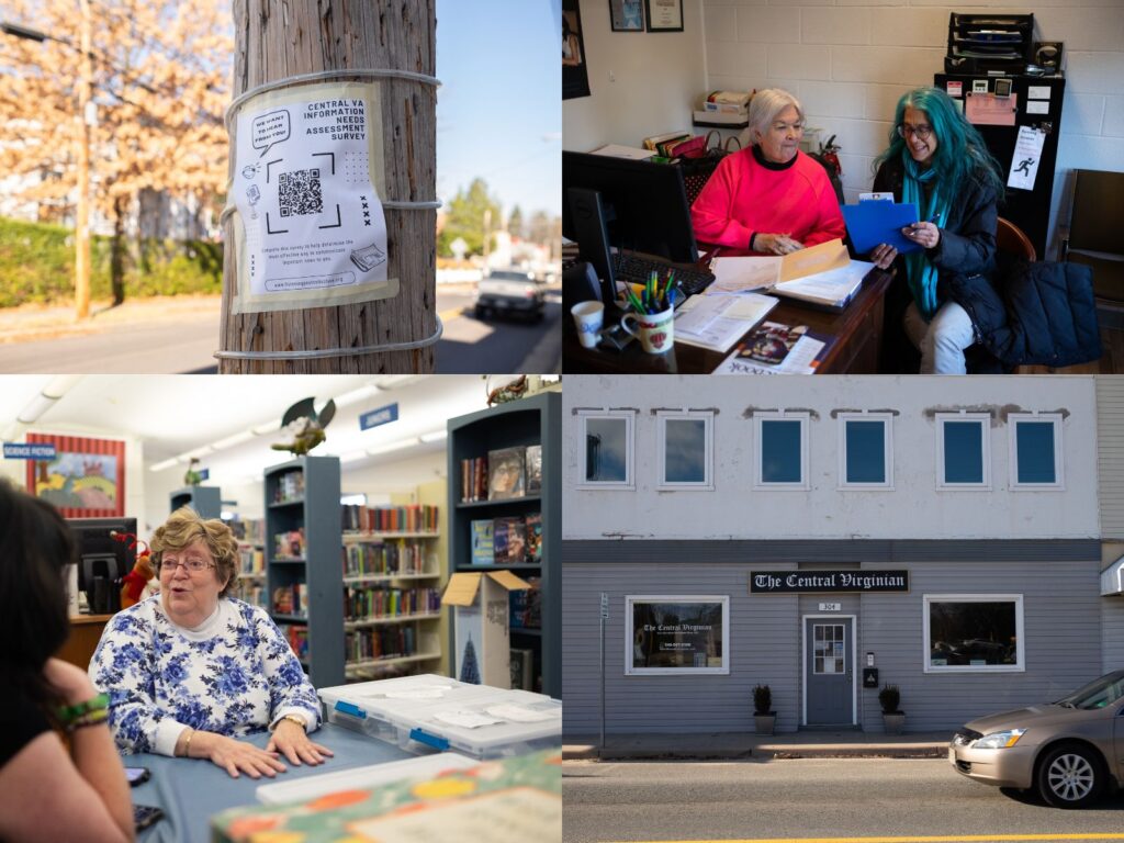 Four images. In the upper-left quadrant, a flyer for the Information Ecosystem Assessment on a telephone pole. In the upper-right quadrant, two women sit at a desk talking. One woman takes notes. On the lower left, a woman in a turtleneck talking to someone whose face we can't see. They are in a library. In the lower right, a building with a sign that reads THE CENTRAL VIRGINIAN.